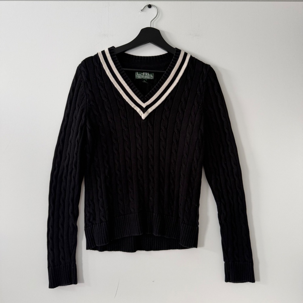 Lauren Active Ralph Lauren Black Cable Knit Varsity V-Neck Sweater XL